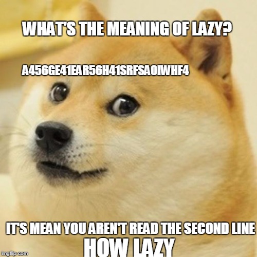 Doge Meme | WHAT'S THE MEANING OF LAZY? A456GE41EAR56H41SRFSAOIWHF4; IT'S MEAN YOU AREN'T READ THE SECOND LINE; HOW LAZY | image tagged in memes,doge | made w/ Imgflip meme maker