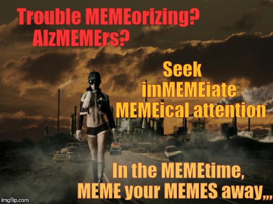 It's only MEMEage wasteland,,, | Trouble MEMEorizing?   AlzMEMErs? Seek      imMEMEiate   MEMEical attention; In the MEMEtime, MEME your MEMES away,,, | image tagged in memes,apocalyptical,wasteland,memeageggedon,no more firstworld problems | made w/ Imgflip meme maker