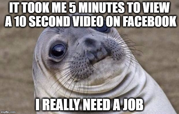 Awkward Moment Sealion Meme | IT TOOK ME 5 MINUTES TO VIEW A 10 SECOND VIDEO ON FACEBOOK; I REALLY NEED A JOB | image tagged in memes,awkward moment sealion | made w/ Imgflip meme maker