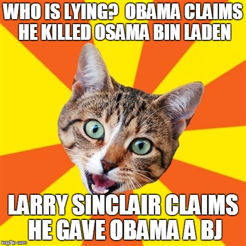 Bad Advice Cat | WHO IS LYING?  OBAMA CLAIMS HE KILLED OSAMA BIN LADEN; LARRY SINCLAIR CLAIMS HE GAVE OBAMA A BJ | image tagged in memes,bad advice cat | made w/ Imgflip meme maker