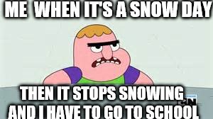 ME  WHEN IT'S A SNOW DAY; THEN IT STOPS SNOWING AND I HAVE TO GO TO SCHOOL | image tagged in memes | made w/ Imgflip meme maker