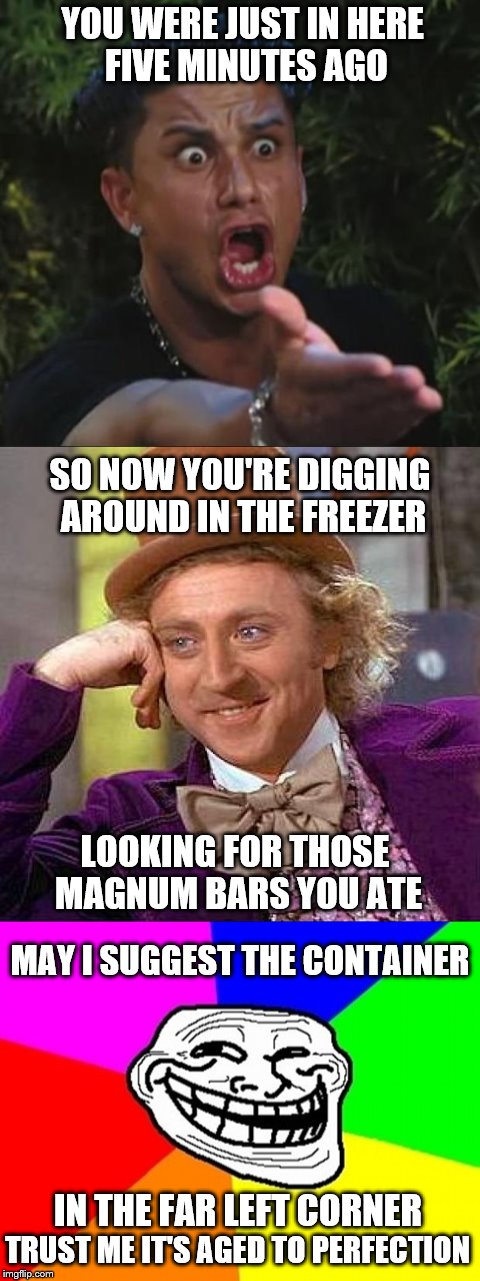 If My Refrigerator Could Make Memes :) | YOU WERE JUST IN HERE; FIVE MINUTES AGO; SO NOW YOU'RE DIGGING AROUND IN THE FREEZER; LOOKING FOR THOSE MAGNUM BARS YOU ATE; MAY I SUGGEST THE CONTAINER; IN THE FAR LEFT CORNER; TRUST ME IT'S AGED TO PERFECTION | image tagged in memes | made w/ Imgflip meme maker