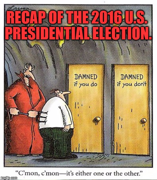 RECAP OF THE 2016 U.S. PRESIDENTIAL ELECTION. | image tagged in politics,2016 election,donald trump,hillary clinton 2016,politicians,political humor | made w/ Imgflip meme maker