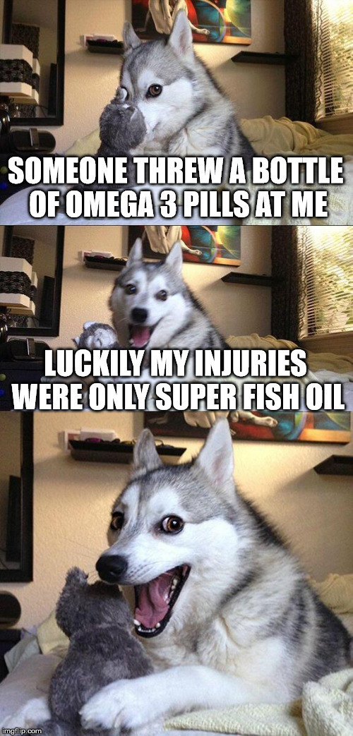Bad Pun Dog | SOMEONE THREW A BOTTLE OF OMEGA 3 PILLS AT ME; LUCKILY MY INJURIES WERE ONLY SUPER FISH OIL | image tagged in memes,bad pun dog | made w/ Imgflip meme maker