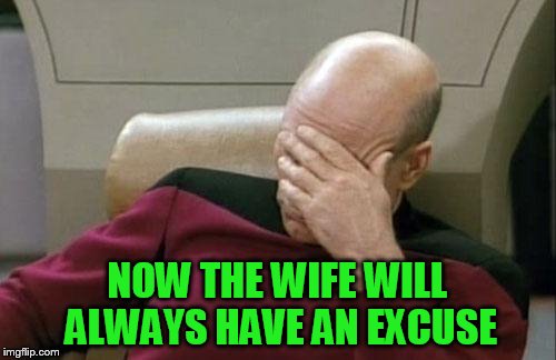 Captain Picard Facepalm Meme | NOW THE WIFE WILL ALWAYS HAVE AN EXCUSE | image tagged in memes,captain picard facepalm | made w/ Imgflip meme maker