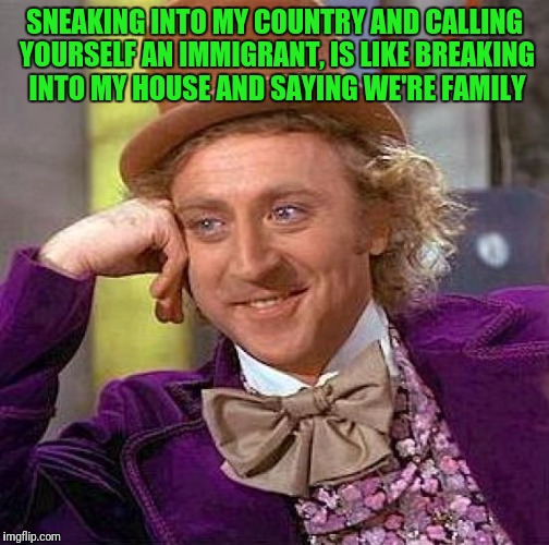 Creepy Condescending Wonka Meme | SNEAKING INTO MY COUNTRY AND CALLING YOURSELF AN IMMIGRANT, IS LIKE BREAKING INTO MY HOUSE AND SAYING WE'RE FAMILY | image tagged in memes,creepy condescending wonka | made w/ Imgflip meme maker