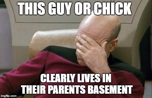 Captain Picard Facepalm | THIS GUY OR CHICK; CLEARLY LIVES IN THEIR PARENTS BASEMENT | image tagged in memes,captain picard facepalm | made w/ Imgflip meme maker