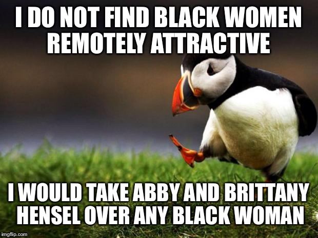 Unpopular Opinion Puffin Meme | I DO NOT FIND BLACK WOMEN REMOTELY ATTRACTIVE; I WOULD TAKE ABBY AND BRITTANY HENSEL OVER ANY BLACK WOMAN | image tagged in memes,unpopular opinion puffin | made w/ Imgflip meme maker