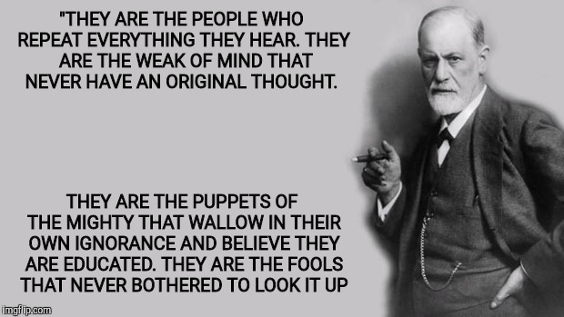 Sigmund Freud | "THEY ARE THE PEOPLE WHO REPEAT EVERYTHING THEY HEAR. THEY  ARE THE WEAK OF MIND THAT NEVER HAVE AN ORIGINAL THOUGHT. THEY ARE THE PUPPETS O | image tagged in sigmund freud | made w/ Imgflip meme maker