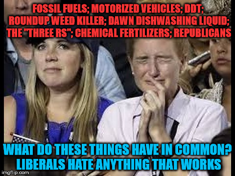 Crying liberals  |  FOSSIL FUELS; MOTORIZED VEHICLES; DDT; ROUNDUP WEED KILLER; DAWN DISHWASHING LIQUID; THE "THREE RS"; CHEMICAL FERTILIZERS; REPUBLICANS; WHAT DO THESE THINGS HAVE IN COMMON? LIBERALS HATE ANYTHING THAT WORKS | image tagged in crying liberals | made w/ Imgflip meme maker