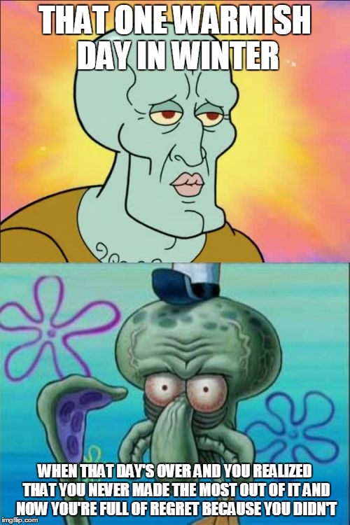 Never take 60°F for granted at this time of year... | THAT ONE WARMISH DAY IN WINTER; WHEN THAT DAY'S OVER AND YOU REALIZED THAT YOU NEVER MADE THE MOST OUT OF IT AND NOW YOU'RE FULL OF REGRET BECAUSE YOU DIDN'T | image tagged in memes,squidward,winter | made w/ Imgflip meme maker