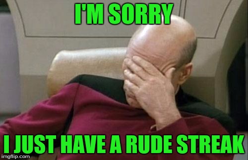 Captain Picard Facepalm Meme | I'M SORRY I JUST HAVE A RUDE STREAK | image tagged in memes,captain picard facepalm | made w/ Imgflip meme maker
