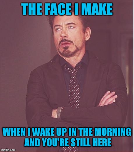 Face You Make Robert Downey Jr | THE FACE I MAKE; WHEN I WAKE UP IN THE MORNING AND YOU'RE STILL HERE | image tagged in memes,face you make robert downey jr | made w/ Imgflip meme maker