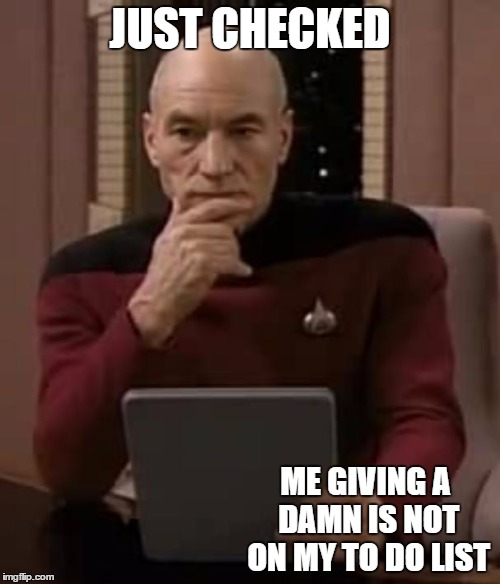 picard thinking | JUST CHECKED; ME GIVING A DAMN IS NOT ON MY TO DO LIST | image tagged in picard thinking | made w/ Imgflip meme maker