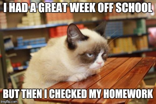 Reality | I HAD A GREAT WEEK OFF SCHOOL; BUT THEN I CHECKED MY HOMEWORK | image tagged in memes,grumpy cat table,grumpy cat,funny | made w/ Imgflip meme maker
