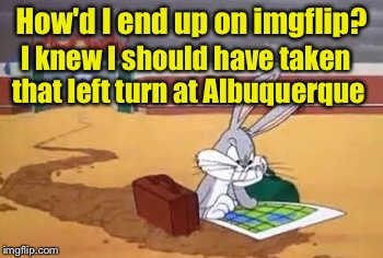 Cartoon week, a Jucydeath1025 event | How'd I end up on imgflip? I knew I should have taken that left turn at Albuquerque | image tagged in bugs lost,cartoon week | made w/ Imgflip meme maker