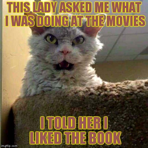 ugly joke... cute cat... | THIS LADY ASKED ME WHAT I WAS DOING AT THE MOVIES; I TOLD HER I LIKED THE BOOK | image tagged in bad joke pompous albert,pompous,cats | made w/ Imgflip meme maker