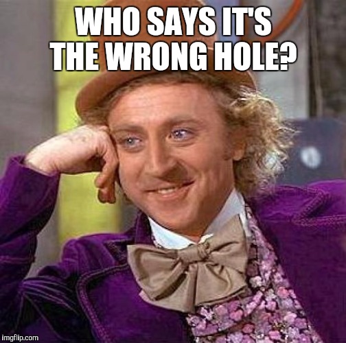 Creepy Condescending Wonka Meme | WHO SAYS IT'S THE WRONG HOLE? | image tagged in memes,creepy condescending wonka | made w/ Imgflip meme maker