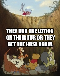 I knew Piglet was a closet serial killer. | THEY RUB THE LOTION ON THEIR FUR OR THEY GET THE HOSE AGAIN. | image tagged in piglet crazy,memes | made w/ Imgflip meme maker