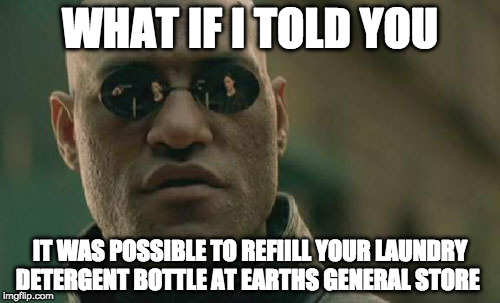 Matrix Morpheus Meme | WHAT IF I TOLD YOU; IT WAS POSSIBLE TO REFIILL YOUR LAUNDRY DETERGENT BOTTLE AT EARTHS GENERAL STORE | image tagged in memes,matrix morpheus | made w/ Imgflip meme maker