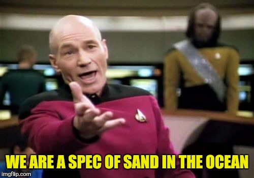 Picard Wtf Meme | WE ARE A SPEC OF SAND IN THE OCEAN | image tagged in memes,picard wtf | made w/ Imgflip meme maker