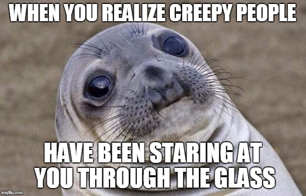 Awkward Moment Sealion | WHEN YOU REALIZE CREEPY PEOPLE; HAVE BEEN STARING AT YOU THROUGH THE GLASS | image tagged in memes,awkward moment sealion | made w/ Imgflip meme maker