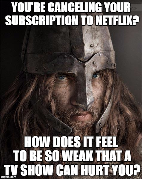 viking | YOU'RE CANCELING YOUR SUBSCRIPTION TO NETFLIX? HOW DOES IT FEEL TO BE SO WEAK THAT A TV SHOW CAN HURT YOU? | image tagged in viking | made w/ Imgflip meme maker
