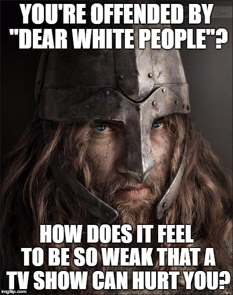 viking | YOU'RE OFFENDED BY "DEAR WHITE PEOPLE"? HOW DOES IT FEEL TO BE SO WEAK THAT A TV SHOW CAN HURT YOU? | image tagged in viking | made w/ Imgflip meme maker