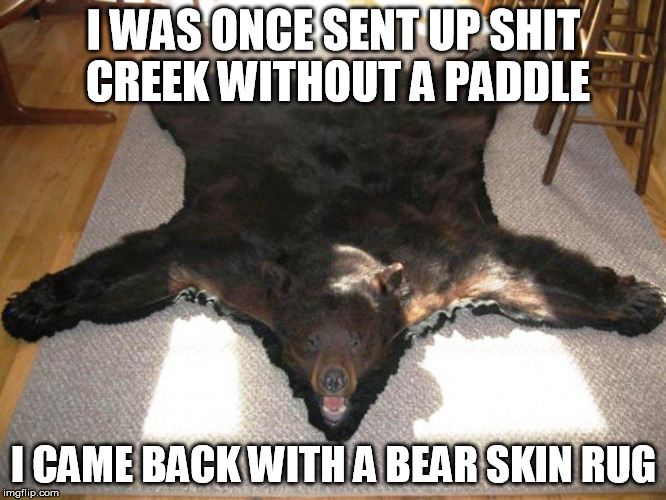 Nothing better than the journey. My wife's contempt hearing is Thursday and the mental illness hearing Friday. | I WAS ONCE SENT UP SHIT CREEK WITHOUT A PADDLE; I CAME BACK WITH A BEAR SKIN RUG | image tagged in rug,life,shit creek,she could be a queen | made w/ Imgflip meme maker