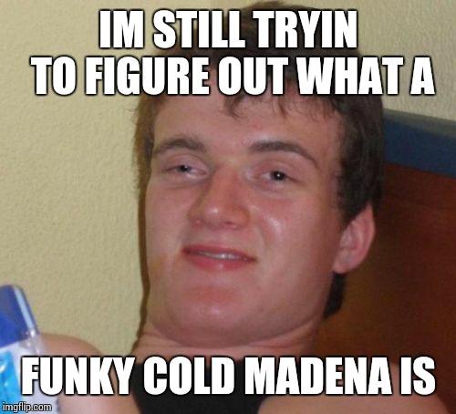 10 Guy Meme | IM STILL TRYIN TO FIGURE OUT WHAT A FUNKY COLD MADENA IS | image tagged in memes,10 guy | made w/ Imgflip meme maker