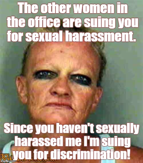 ugly lady | The other women in the office are suing you for sexual harassment. Since you haven't sexually harassed me I'm suing you for discrimination! | image tagged in ugly lady | made w/ Imgflip meme maker