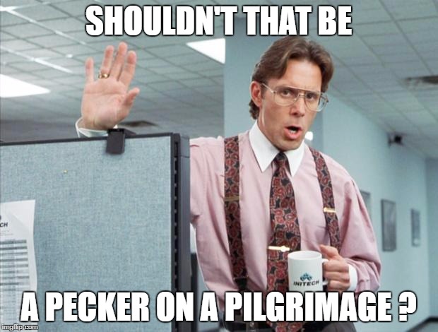 office space meme | SHOULDN'T THAT BE; A PECKER ON A PILGRIMAGE ? | image tagged in office space meme | made w/ Imgflip meme maker