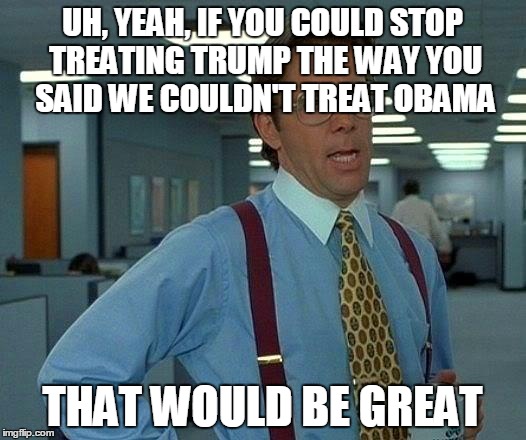 That Would Be Great | UH, YEAH, IF YOU COULD STOP TREATING TRUMP THE WAY YOU SAID WE COULDN'T TREAT OBAMA; THAT WOULD BE GREAT | image tagged in memes,that would be great | made w/ Imgflip meme maker