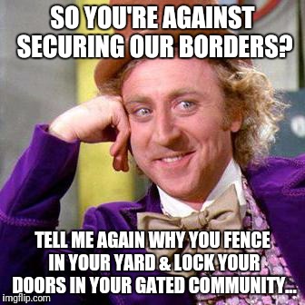 Willy Wonka Blank | SO YOU'RE AGAINST SECURING OUR BORDERS? TELL ME AGAIN WHY YOU FENCE IN YOUR YARD & LOCK YOUR DOORS IN YOUR GATED COMMUNITY... | image tagged in willy wonka blank | made w/ Imgflip meme maker