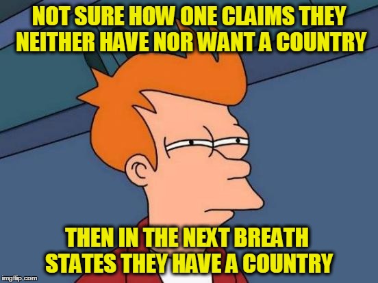 Futurama Fry Meme | NOT SURE HOW ONE CLAIMS THEY NEITHER HAVE NOR WANT A COUNTRY THEN IN THE NEXT BREATH STATES THEY HAVE A COUNTRY | image tagged in memes,futurama fry | made w/ Imgflip meme maker