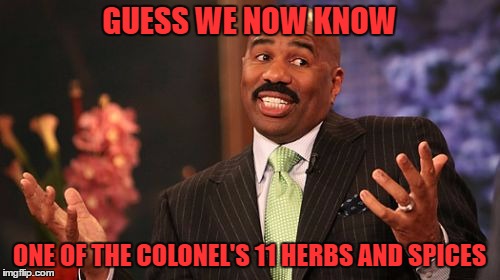 Steve Harvey Meme | GUESS WE NOW KNOW ONE OF THE COLONEL'S 11 HERBS AND SPICES | image tagged in memes,steve harvey | made w/ Imgflip meme maker