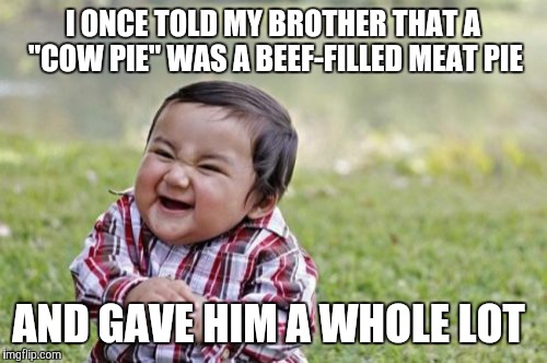Evil Toddler Meme | I ONCE TOLD MY BROTHER THAT A "COW PIE" WAS A BEEF-FILLED MEAT PIE; AND GAVE HIM A WHOLE LOT | image tagged in memes,evil toddler | made w/ Imgflip meme maker