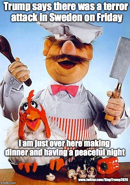 Swedish Terror Atatck | Trump says there was a terror attack in Sweden on Friday; I am just over here making dinner and having a peaceful night; www.twitter.com/StopTrump2020 | image tagged in donald trump,sweden,war on terror | made w/ Imgflip meme maker