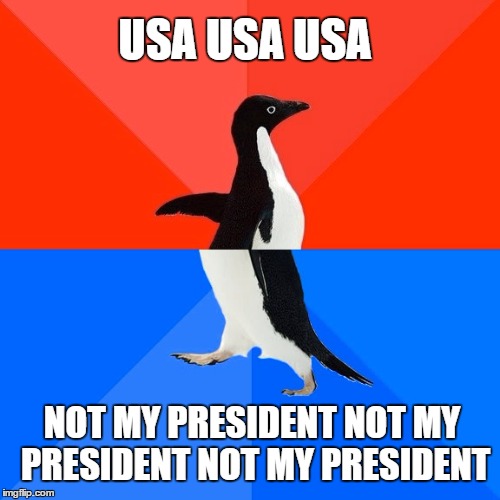 a truly divided nation | USA USA USA; NOT MY PRESIDENT
NOT MY PRESIDENT
NOT MY PRESIDENT | image tagged in memes,socially awesome awkward penguin | made w/ Imgflip meme maker