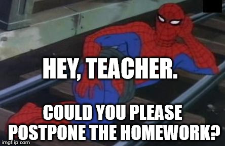 Sexy Railroad Spiderman | HEY, TEACHER. COULD YOU PLEASE POSTPONE THE HOMEWORK? | image tagged in memes,sexy railroad spiderman,spiderman | made w/ Imgflip meme maker
