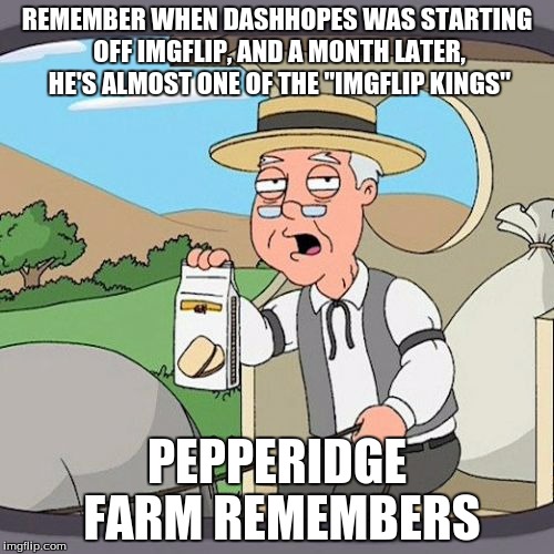 Shoutout to DashHopes, the fastest rising Imgflip user i have ever seen | REMEMBER WHEN DASHHOPES WAS STARTING OFF IMGFLIP, AND A MONTH LATER, HE'S ALMOST ONE OF THE "IMGFLIP KINGS"; PEPPERIDGE FARM REMEMBERS | image tagged in memes,pepperidge farm remembers | made w/ Imgflip meme maker
