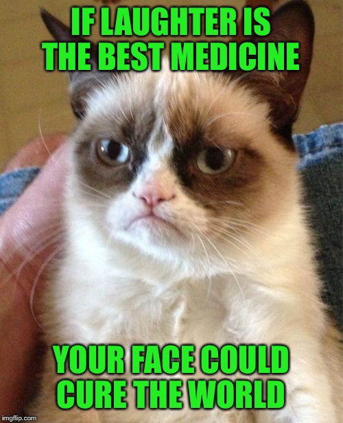 Grumpy Cat Meme | IF LAUGHTER IS THE BEST MEDICINE; YOUR FACE COULD CURE THE WORLD | image tagged in memes,grumpy cat | made w/ Imgflip meme maker