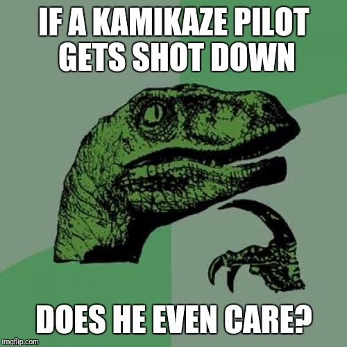 Philosoraptor Meme | IF A KAMIKAZE PILOT GETS SHOT DOWN DOES HE EVEN CARE? | image tagged in memes,philosoraptor | made w/ Imgflip meme maker