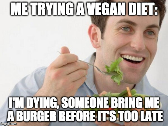 ME TRYING A VEGAN DIET: I'M DYING, SOMEONE BRING ME A BURGER BEFORE IT'S TOO LATE | made w/ Imgflip meme maker