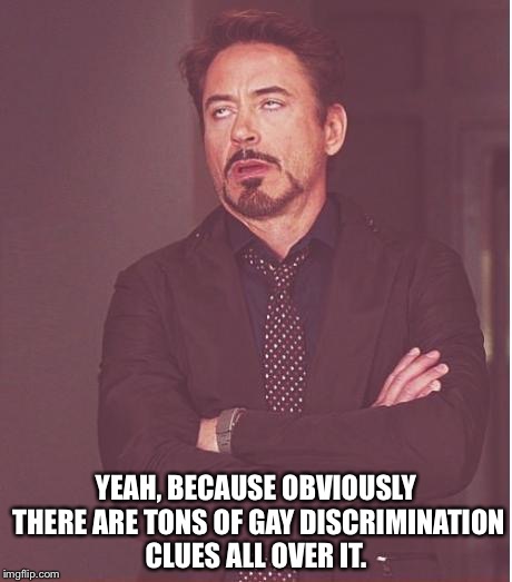 Face You Make Robert Downey Jr Meme | YEAH, BECAUSE OBVIOUSLY THERE ARE TONS OF GAY DISCRIMINATION CLUES ALL OVER IT. | image tagged in memes,face you make robert downey jr | made w/ Imgflip meme maker