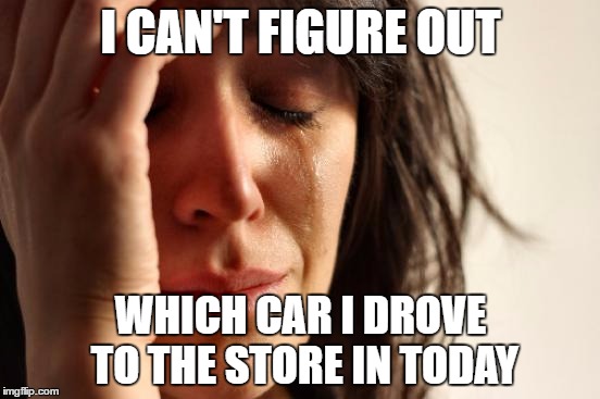 First World Problems Meme | I CAN'T FIGURE OUT; WHICH CAR I DROVE TO THE STORE IN TODAY | image tagged in memes,first world problems | made w/ Imgflip meme maker