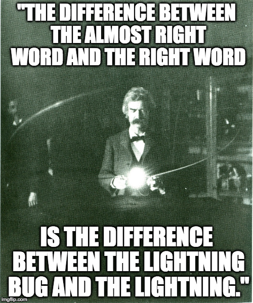 "THE DIFFERENCE BETWEEN THE ALMOST RIGHT WORD AND THE RIGHT WORD; IS THE DIFFERENCE BETWEEN THE LIGHTNING BUG AND THE LIGHTNING." | made w/ Imgflip meme maker