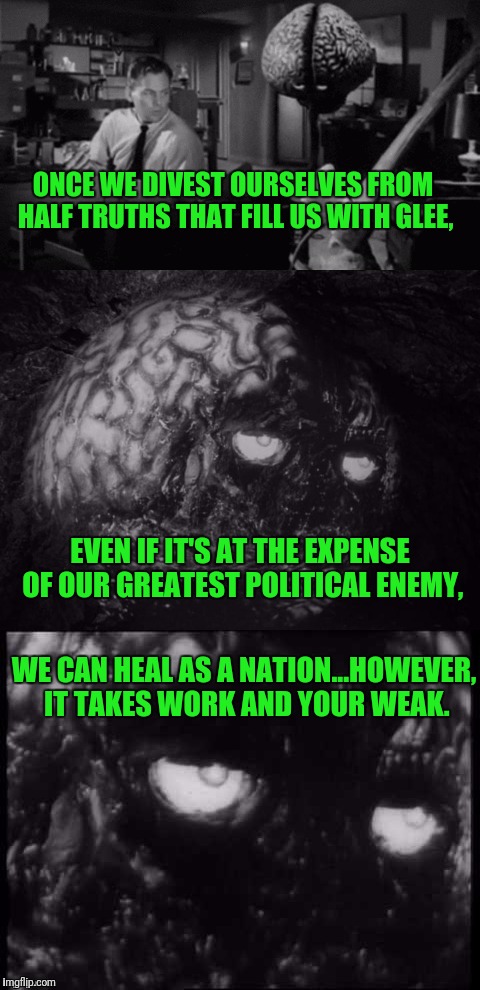 Brian and Chuck | ONCE WE DIVEST OURSELVES FROM HALF TRUTHS THAT FILL US WITH GLEE, EVEN IF IT'S AT THE EXPENSE OF OUR GREATEST POLITICAL ENEMY, WE CAN HEAL AS A NATION...HOWEVER, IT TAKES WORK AND YOUR WEAK. | image tagged in brian and chuck | made w/ Imgflip meme maker