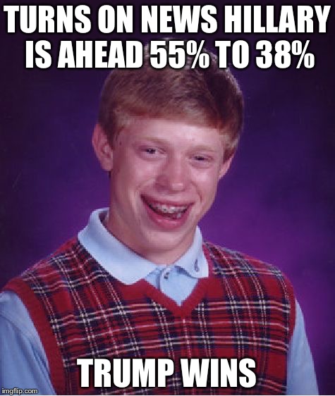 Bad Luck Brian Meme | TURNS ON NEWS HILLARY IS AHEAD 55% TO 38% TRUMP WINS | image tagged in memes,bad luck brian | made w/ Imgflip meme maker