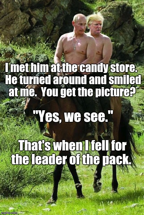 Trump Putin | I met him at the candy store. 
He turned around and smiled at me. 
You get the picture? "Yes, we see."; That's when I fell for the leader of the pack. | image tagged in trump putin | made w/ Imgflip meme maker